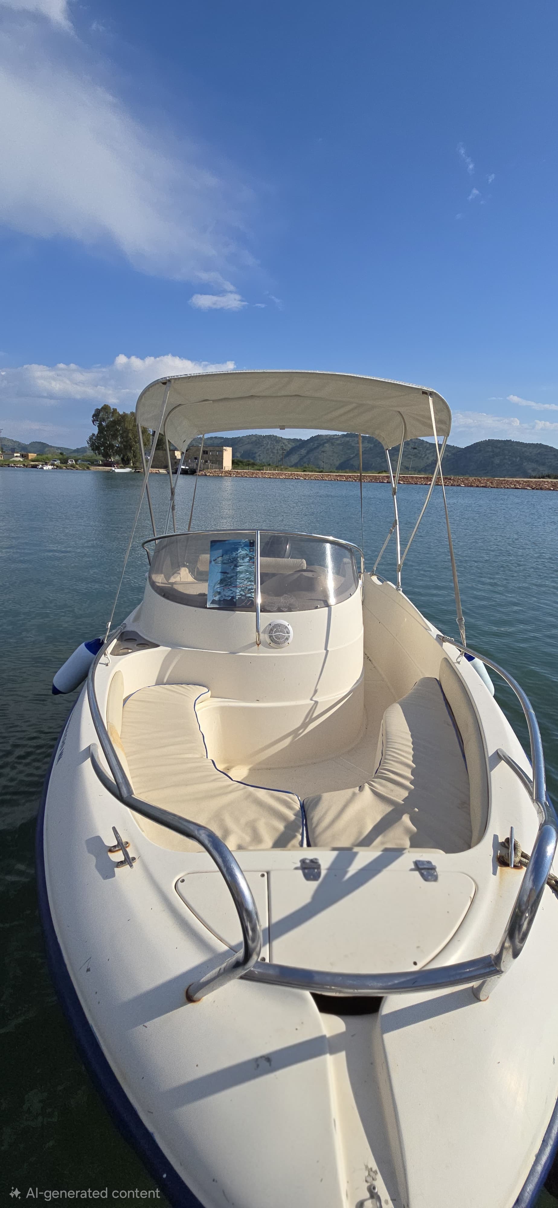 Bow view of Halolu Kiti rental boat showing cushioned U-shaped passenger seating and protective bow rail