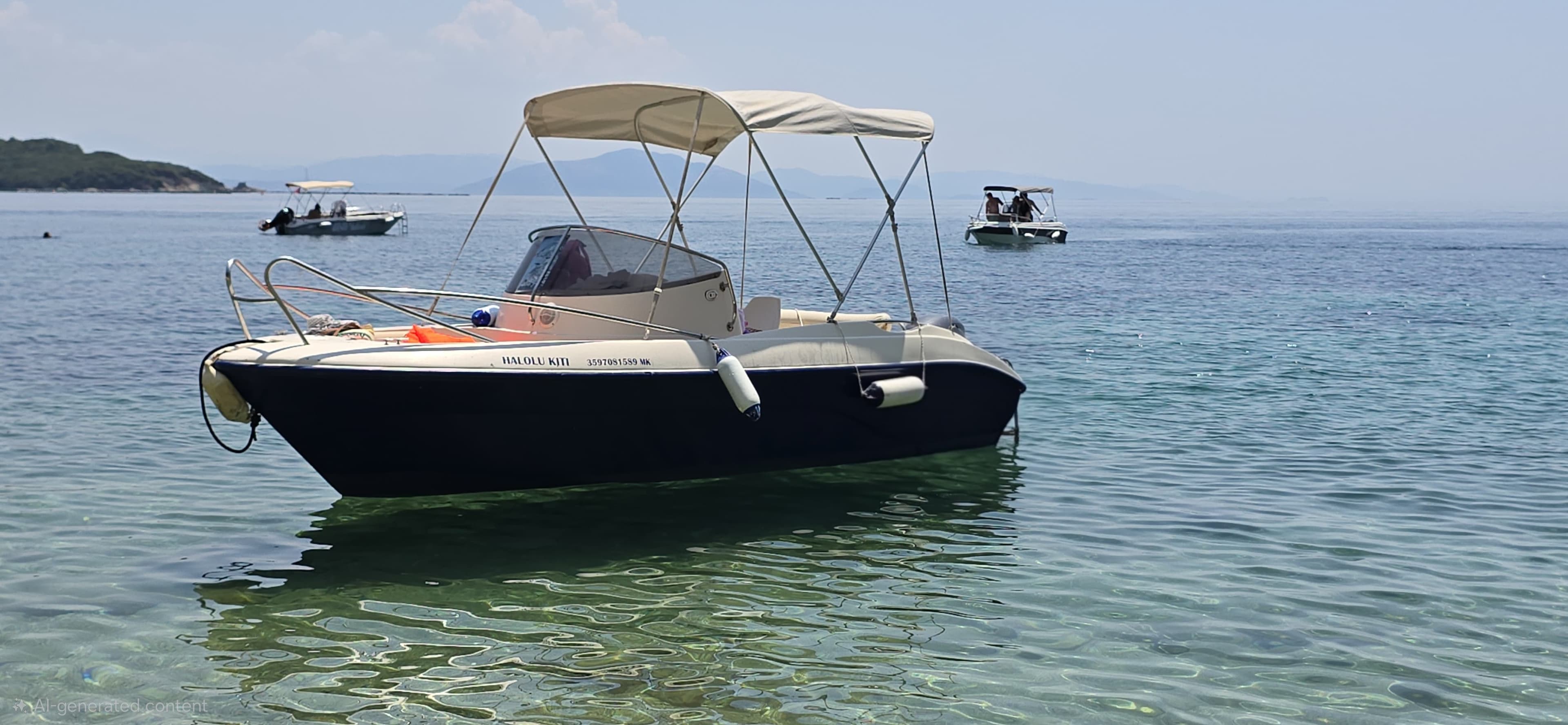 High-speed Halolu Kiti 70HP boat cruising on open water with distant Corfu Island background