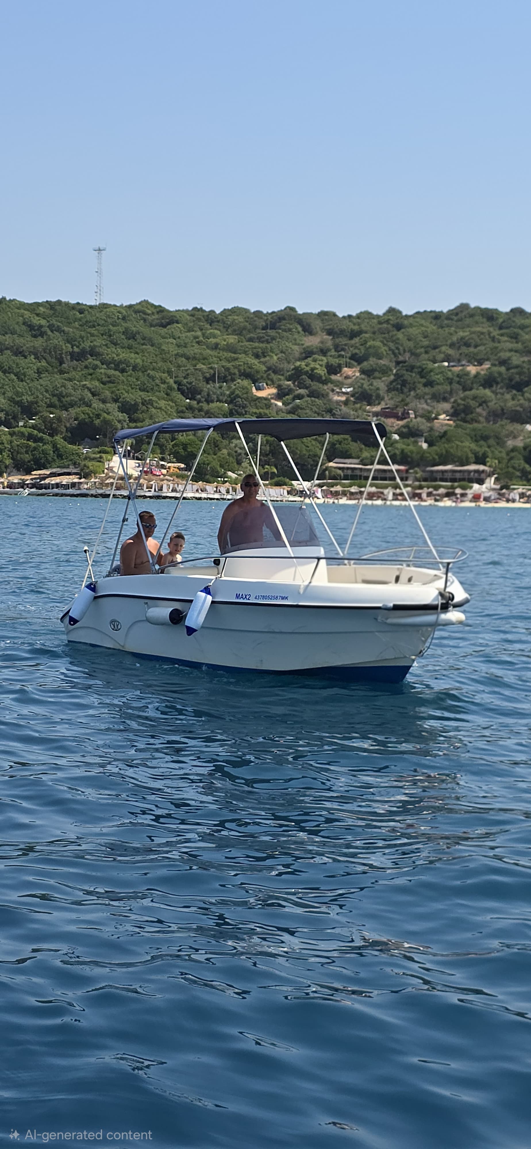 A family enjoying a self-drive boat trip on the spacious Max 2 rental boat with a sun canopy on the blue waters of Ksamil