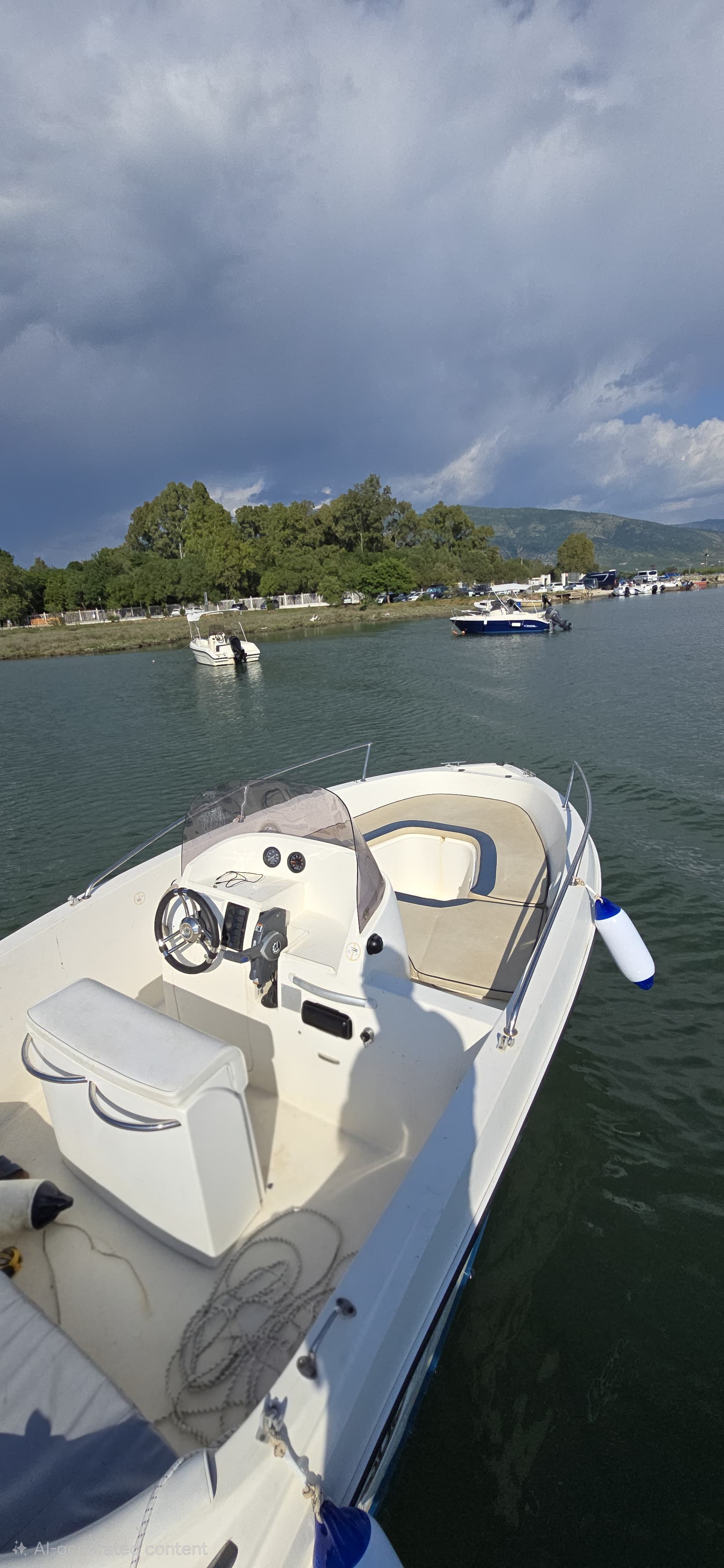 Driver's view of the easy-to-use center console and steering wheel on the Max 2 license-free rental boat, docked in calm waters
