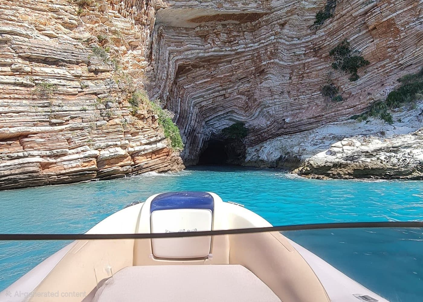 Boat approaching the dramatic layered rock formations and dark entrance of Pigeon Cave (Shpella e Pëllumbave) in Ksamil