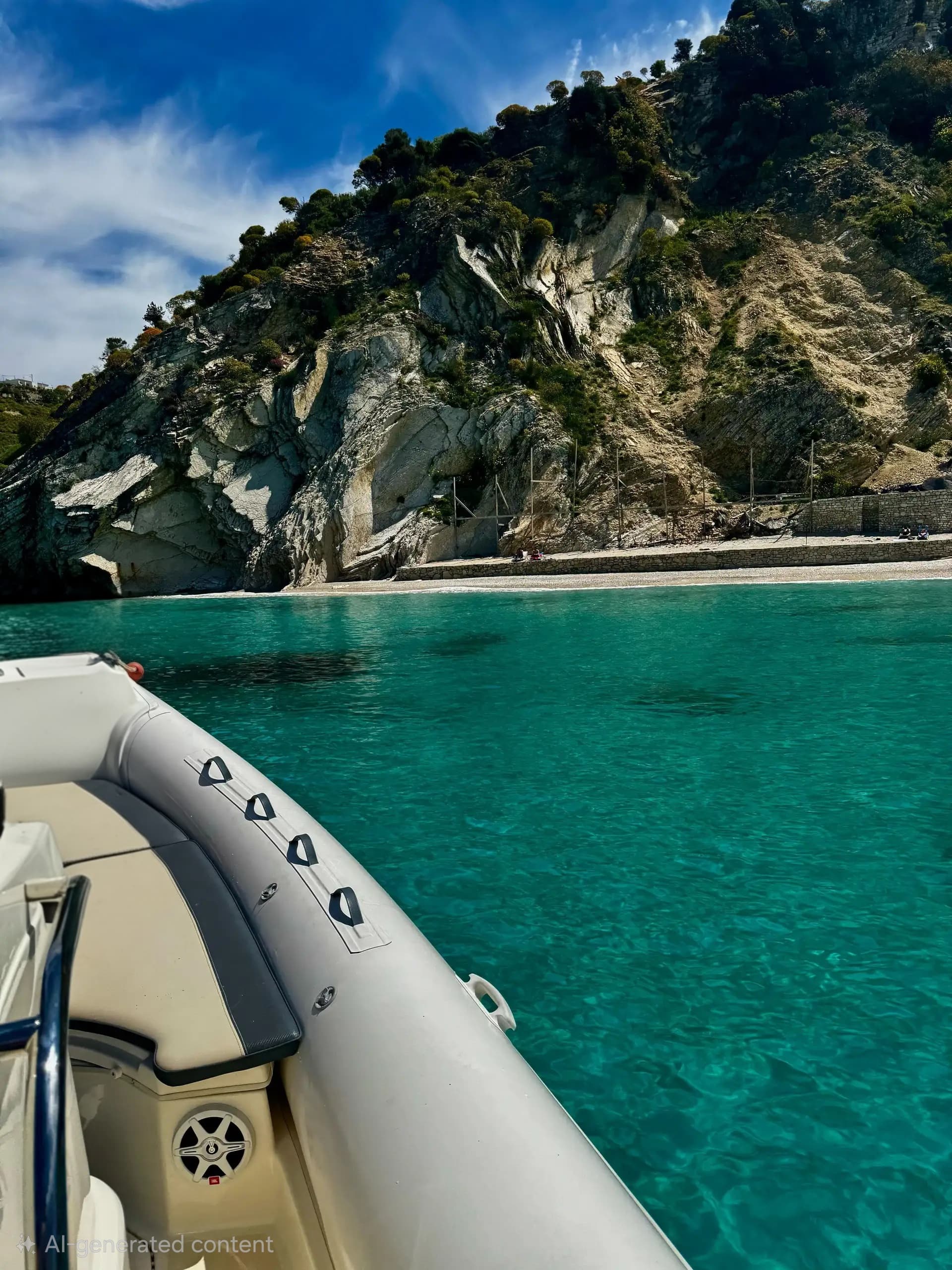 View from a boat of the rugged shoreline and historical stone structures near Pulëbardha Beach and Mirror Beach in Ksamil