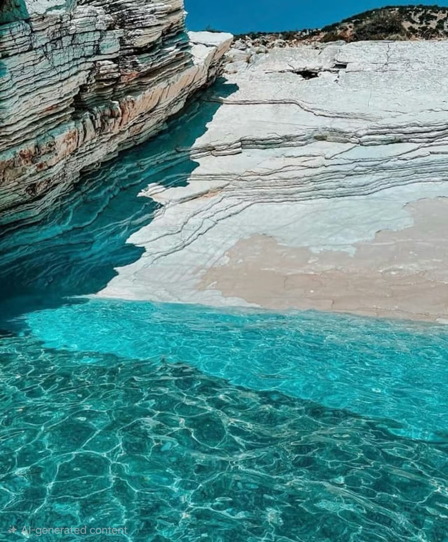 Incredibly vibrant, bright turquoise waters meeting unique white rock formations at the Blue Pool diving spot near Tongo Island