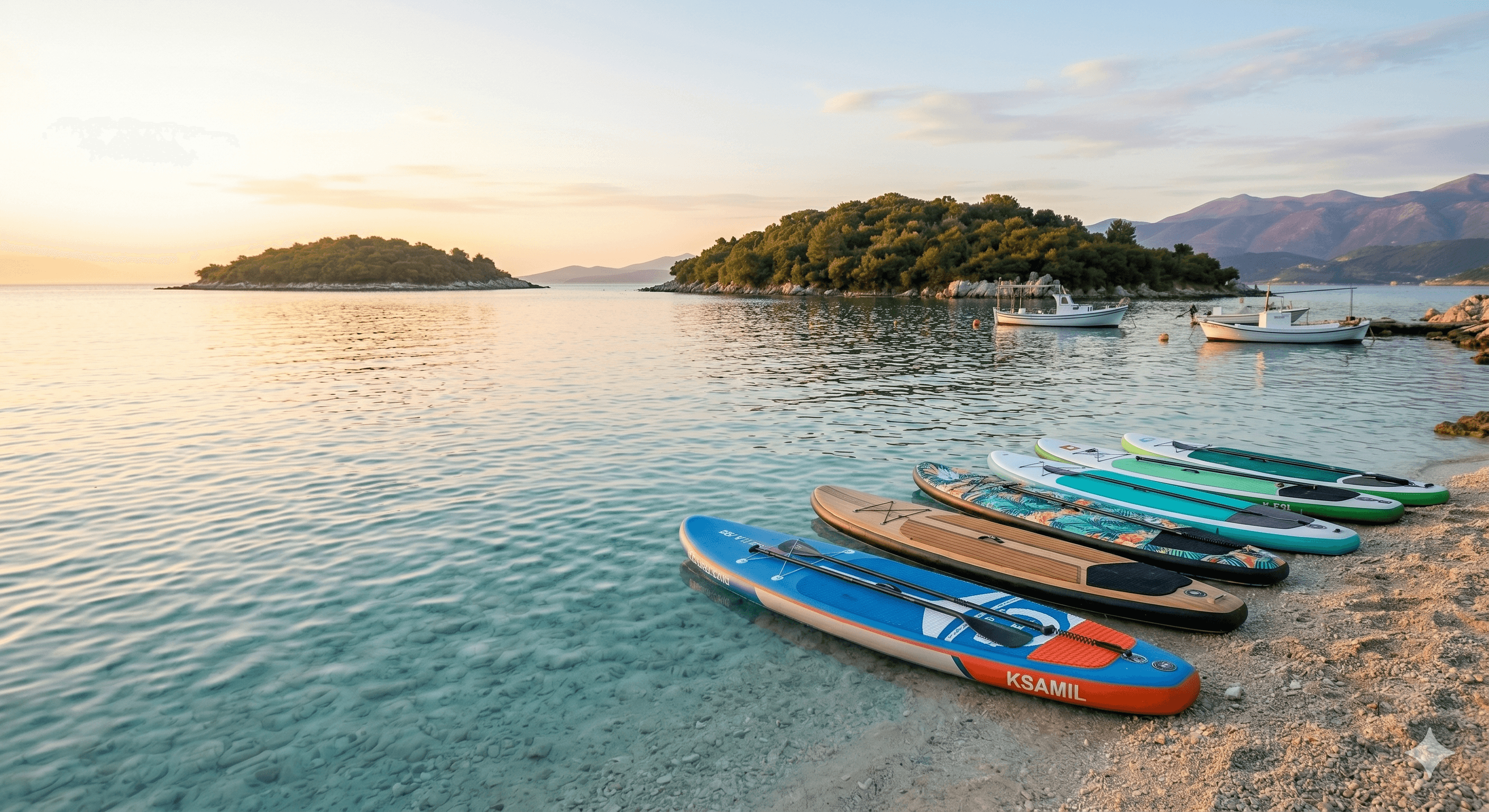 Aerial view of a guided Morning SUP tour group exploring the beautiful waters surrounding the remote Ksamil Islands